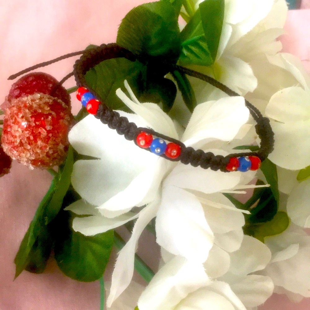 Unisex Braided Black Cord Bracelet Red Blue Bead Shimmering Rhinestone Accent